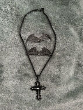Gothic Black Cross Necklace with Interchangeable Wings